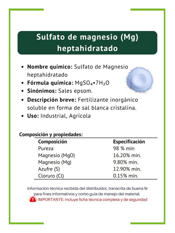 Sulfato de magnesio heptahidratado, ficha técnica breve Sulfato de magnesio heptahidratado