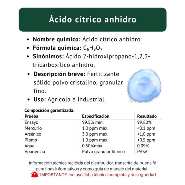 Ácido citrico, ficha técnica breve