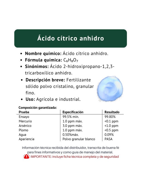 Ácido citrico, ficha técnica breve