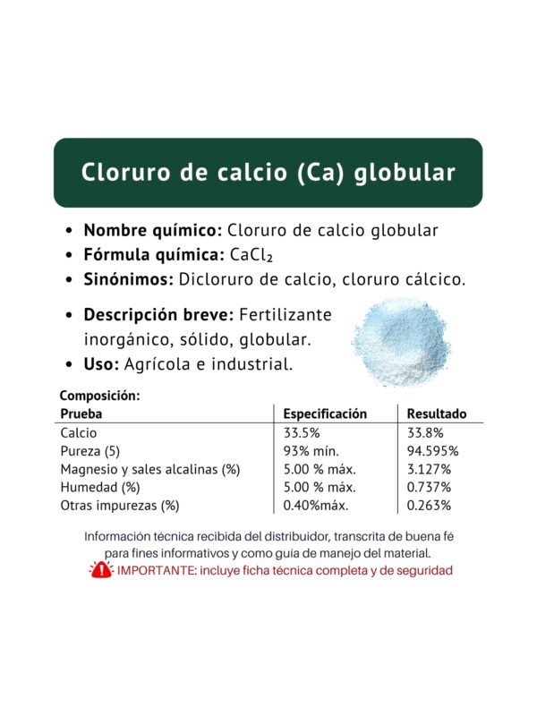 cloruro de calcio globular anhidro, ficha técnica breve