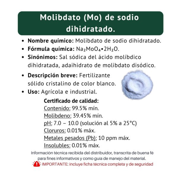 molibdato de sodio, ficha técnica breve