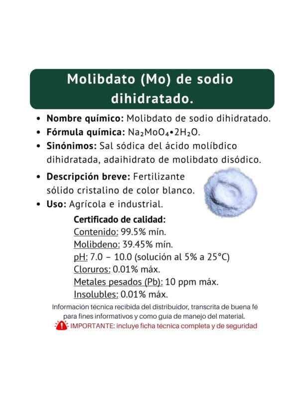 molibdato de sodio, ficha técnica breve