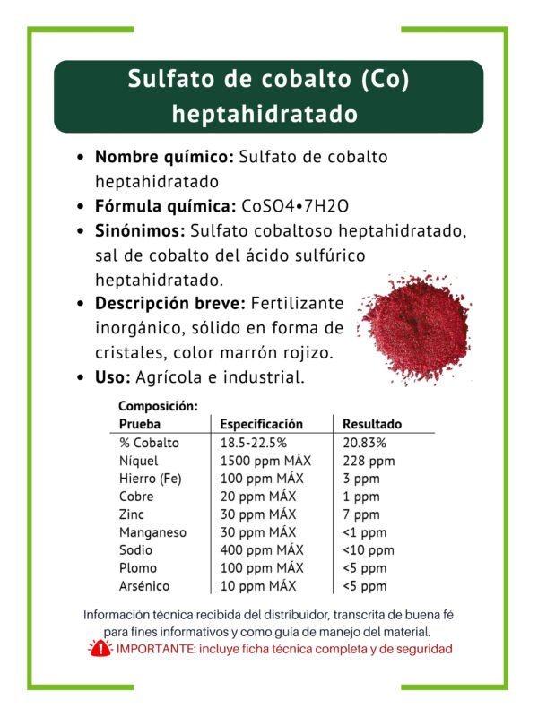 Sulfato de cobalto, ficha técnica breve Sulfato de cobalto heptahidratado
