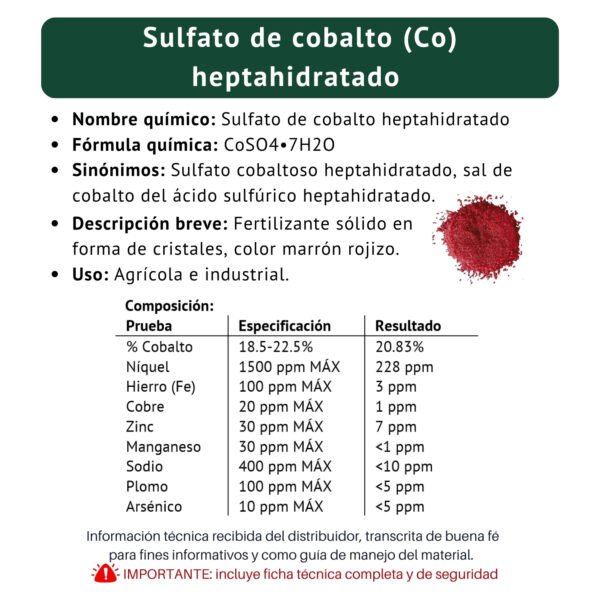 sulfato de cobalto, ficha técnica breve