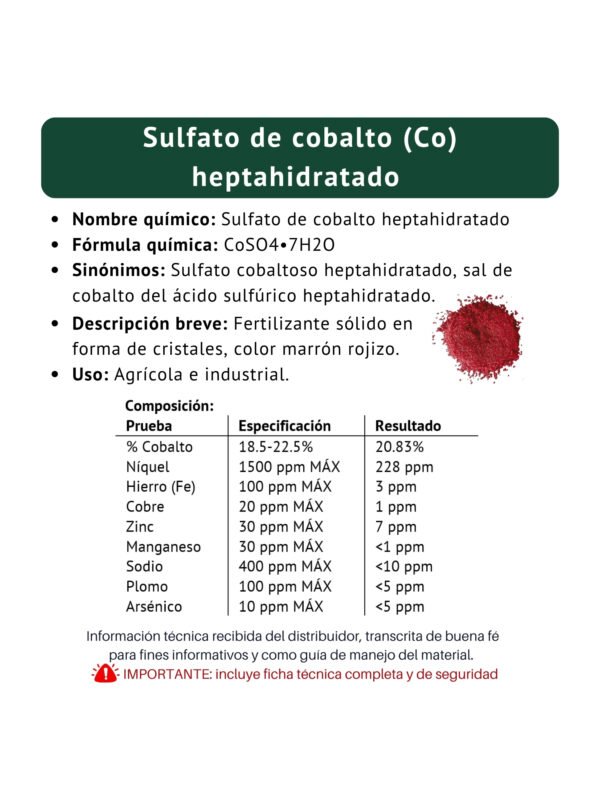 sulfato de cobalto, ficha técnica breve