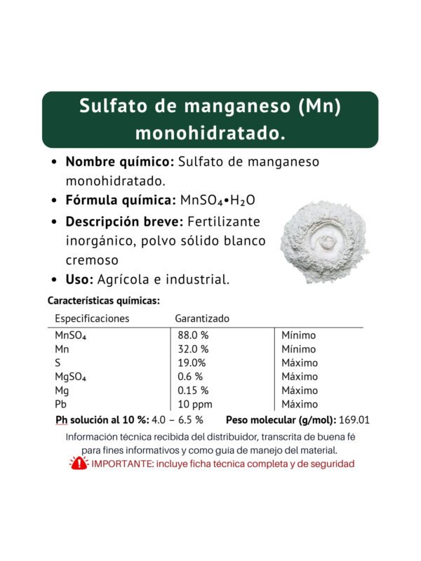 sulfato de manganeso monohidratado, ficha técnica breve