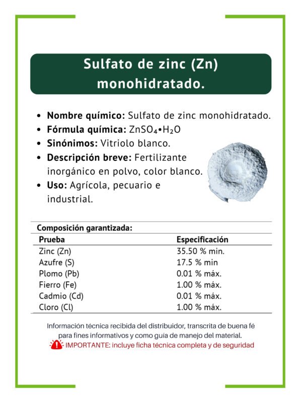 Sulfato de zinc monohidratado, ficha técnica breve Sulfato de zinc monohidratado