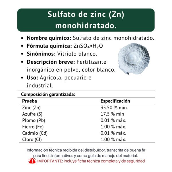 sulfato de zinc monohidratado, ficha técnica breve
