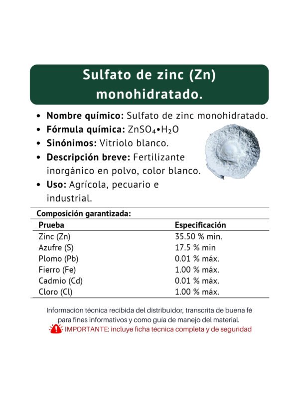sulfato de zinc monohidratado, ficha técnica breve