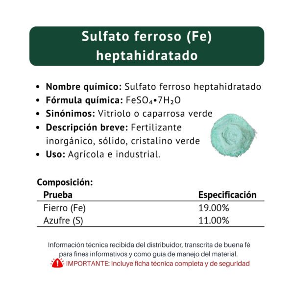 sulfato ferroso heptahidratado, ficha técnica breve