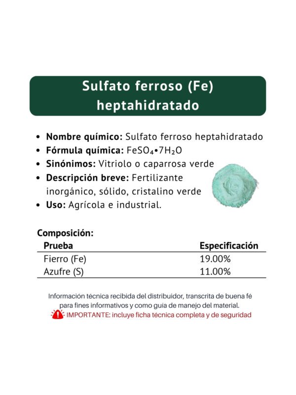 sulfato ferroso heptahidratado, ficha técnica breve