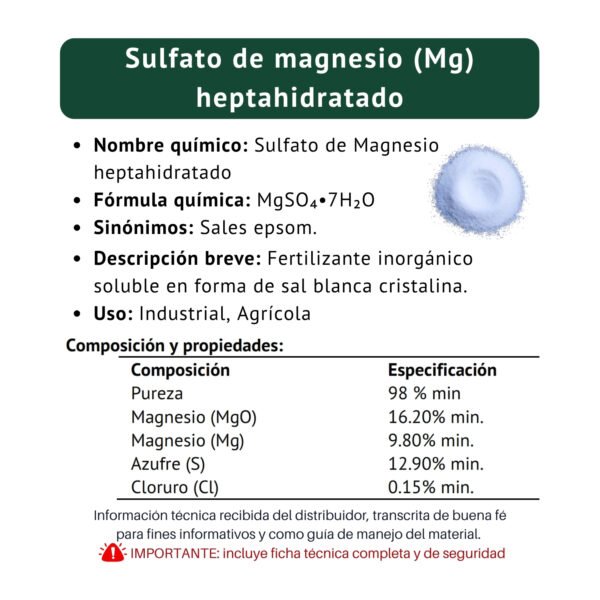 sulfato de magnesio heptahidratado, ficha técnica breve
