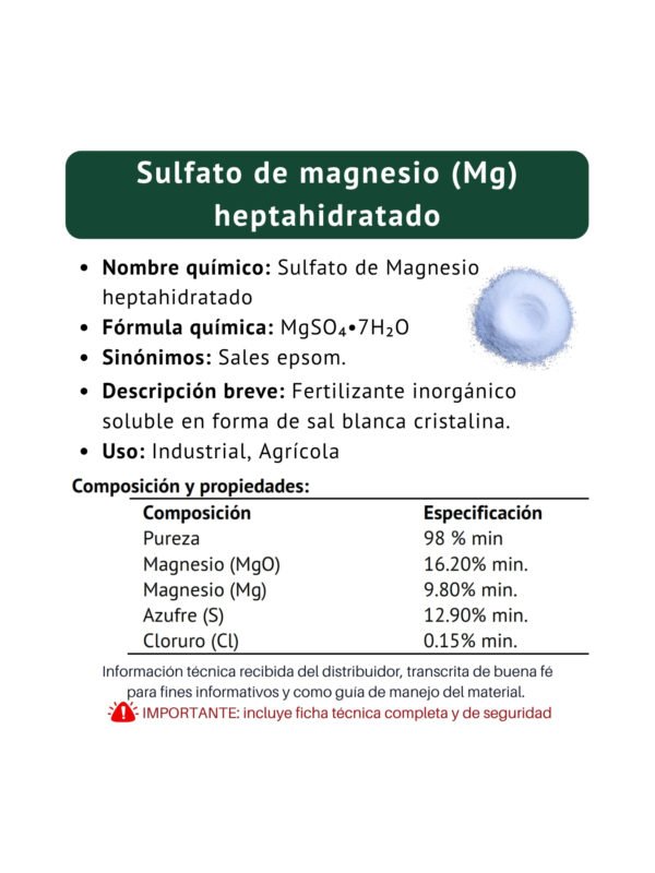 sulfato de magnesio heptahidratado, ficha técnica breve